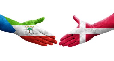 Danimarka ile Ekvator Gine bayrakları arasındaki el sıkışma, izole şeffaf görüntü.