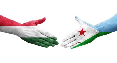Cibuti ve Macaristan bayrakları arasındaki el sıkışma, izole şeffaf görüntü.