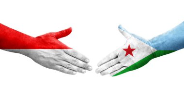 Cibuti ve Endonezya bayrakları arasındaki el sıkışma ellerinde resmedilmiş şeffaf görüntü.