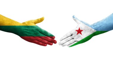 Cibuti ile Litvanya bayrakları arasındaki el sıkışma, izole şeffaf görüntü.