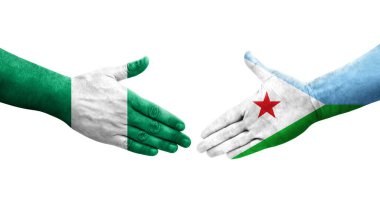 Cibuti ve Nijerya bayrakları arasındaki el sıkışma ellerinde izole şeffaf görüntü.