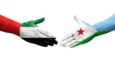 Cibuti ile BAE bayrakları arasındaki el sıkışma, izole şeffaf görüntü.