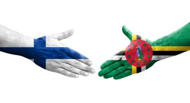 Dominika ve Finlandiya bayrakları arasındaki el sıkışma el yazısı, izole şeffaf görüntü.