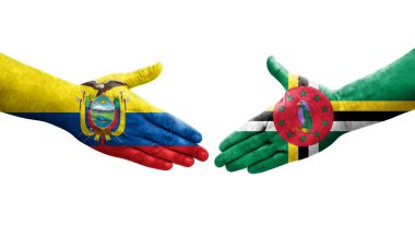Dominika ve Ekvador bayrakları arasındaki el sıkışma ellerinde boyanmış, izole şeffaf görüntü.