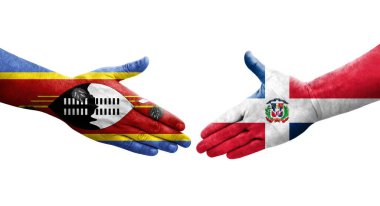 Dominik Cumhuriyeti ile Eswatini bayrakları arasındaki el sıkışma, izole şeffaf görüntü.