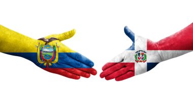 Dominik Cumhuriyeti ile Ekvador bayrakları arasındaki el sıkışma, izole şeffaf görüntü.