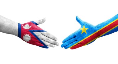 Dr Kongo ve Nepal bayrakları arasındaki el sıkışma ellerinde, izole şeffaf görüntü.