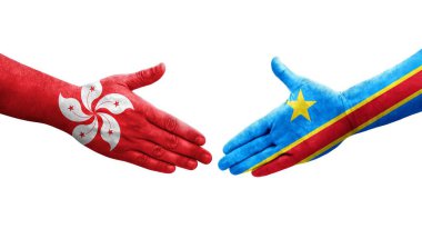 Dr Kongo ve Hong Kong bayrakları arasındaki el sıkışma ellerinde izole şeffaf görüntü.