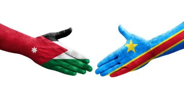 Dr Kongo ve Ürdün bayrakları arasındaki el sıkışma elleri boyalı, izole şeffaf görüntü.