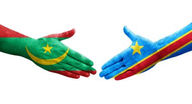 Dr Kongo ve Moritanya bayrakları arasındaki el sıkışma ellerinde izole şeffaf görüntü.