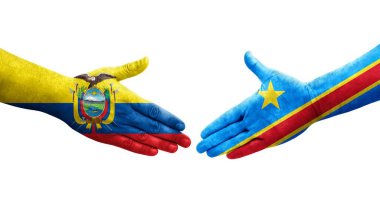 Dr Kongo ve Ekvador bayrakları arasındaki el sıkışma ellerinde izole şeffaf görüntü.