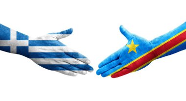 Dr Kongo ve Yunanistan arasındaki el sıkışma ellerinde bayraklar, izole şeffaf görüntü.