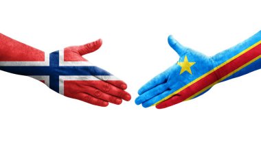 Dr Kongo ve Norveç bayrakları arasındaki el sıkışma elleri boyalı, izole şeffaf görüntü.