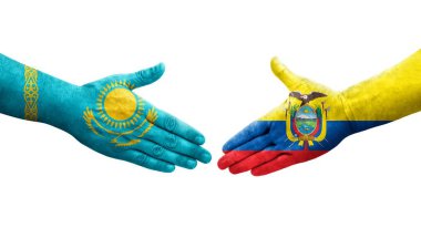 Ekvador ve Kazakistan bayrakları arasındaki el sıkışma, izole şeffaf görüntü.