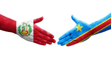 Dr Kongo ve Peru bayrakları arasındaki el sıkışma elleri boyalı, izole şeffaf görüntü.