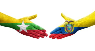 Ekvador ve Myanmar bayrakları arasındaki el sıkışma ellerinde izole şeffaf görüntü.