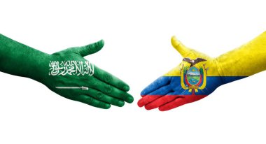Ekvador ve Suudi Arabistan bayrakları arasındaki el sıkışma, izole şeffaf görüntü.