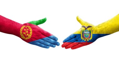 Ekvador ve Eritre bayrakları arasındaki el sıkışma ellerinde izole şeffaf görüntü.