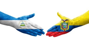 Ekvador ve Nikaragua bayrakları arasında el sıkışma, izole şeffaf görüntü.