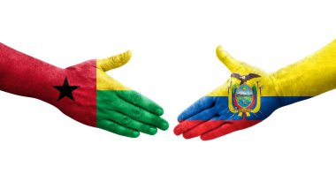 Ekvador ve Gine Bissau bayrakları arasındaki tokalaşma elleri boyalı, izole şeffaf görüntü.