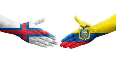 Ekvador ve Faroe Adaları arasındaki el sıkışma ellerinde boyanmış bayraklar, izole şeffaf görüntü.