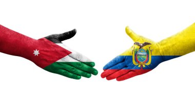Ekvador ve Ürdün bayrakları arasındaki el sıkışma ellerinde resmedilmiş şeffaf görüntü.