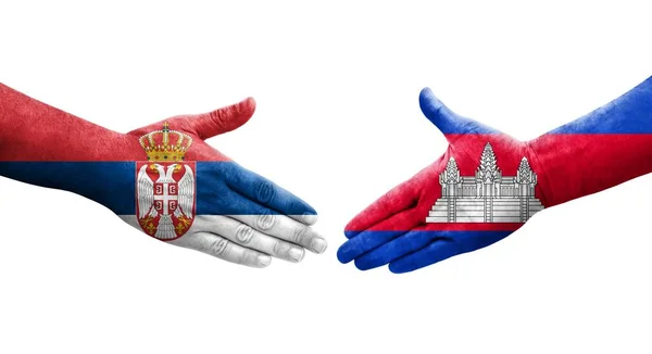 Χειραψία Μεταξύ Καμπότζης Και Σερβίας Σημαίες Ζωγραφισμένες Στα Χέρια Απομονωμένη — Φωτογραφία Αρχείου