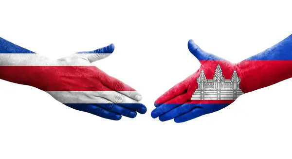 Рукопожатие Между Флагом Камбоджи Коста Рики Нарисованное Руках Изолированное Прозрачное — стоковое фото