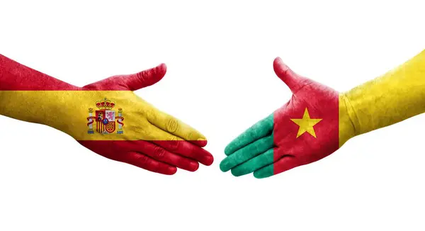 喀麦隆和西班牙之间握手 手绘国旗 孤立透明的图像 — 图库照片
