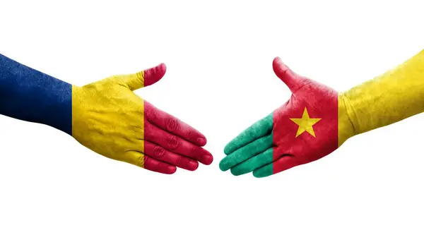 Aperto Mão Entre Camarões Bandeiras Chade Pintadas Mãos Imagem Transparente — Fotografia de Stock