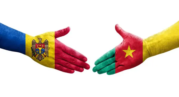 Aperto Mão Entre Camarões Moldávia Bandeiras Pintadas Mãos Imagem Transparente — Fotografia de Stock