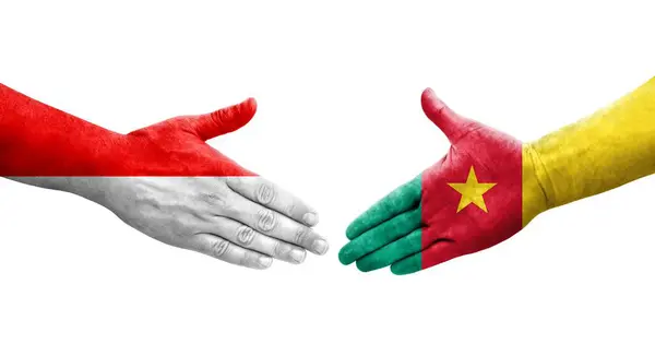 Stock image Handshake between Cameroon and Indonesia flags painted on hands, isolated transparent image.