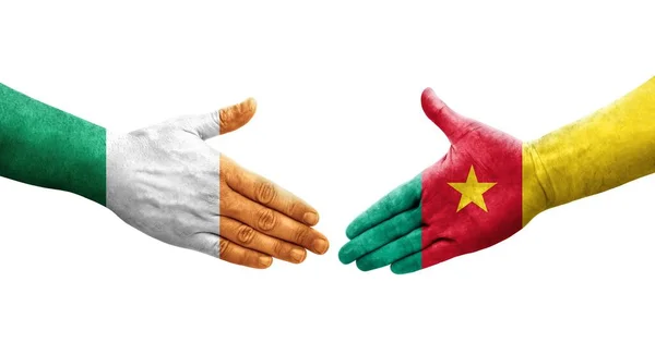 Handdruk Tussen Kameroen Ierland Vlaggen Geschilderd Handen Geïsoleerd Transparant Beeld — Stockfoto