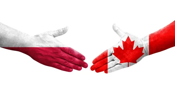 Рукопожатие Между Канадой Польшей Раскрашенные Руках Флаги Изолированное Прозрачное Изображение — стоковое фото