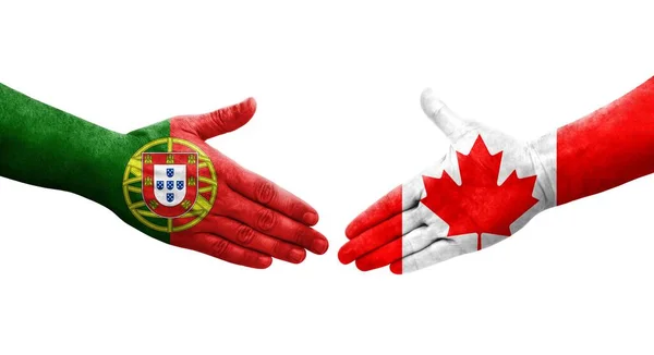 Apretón Manos Entre Canadá Portugal Banderas Pintadas Las Manos Imagen — Foto de Stock