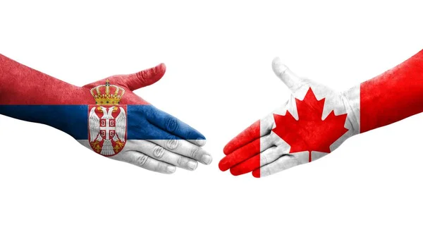 Aperto Mão Entre Canadá Sérvia Bandeiras Pintadas Mãos Imagem Transparente — Fotografia de Stock