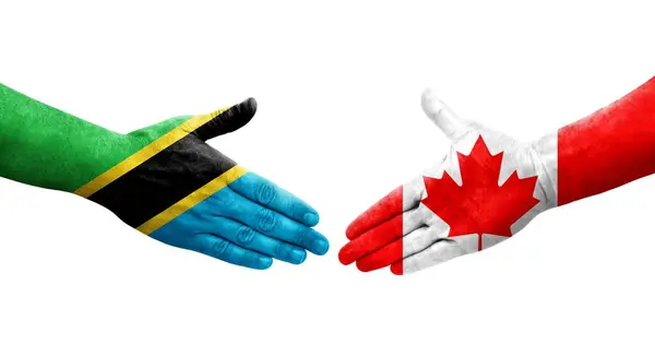 Poignée Main Entre Canada Tanzanie Drapeaux Peints Sur Les Mains — Photo