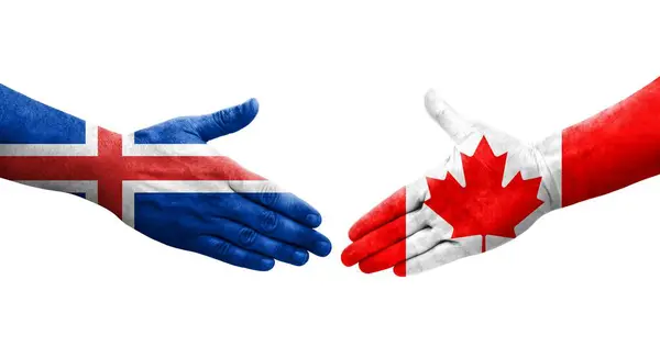 加拿大和冰岛之间握手 手绘国旗 孤立透明的图像 — 图库照片