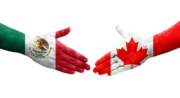 Händedruck Zwischen Kanadisch Mexikanischen Flaggen Auf Hände Gemalt Isoliertes Transparentes — Stockfoto