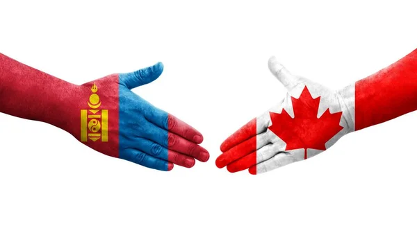 加拿大和蒙古之间握手 手绘国旗 孤立透明的形象 — 图库照片