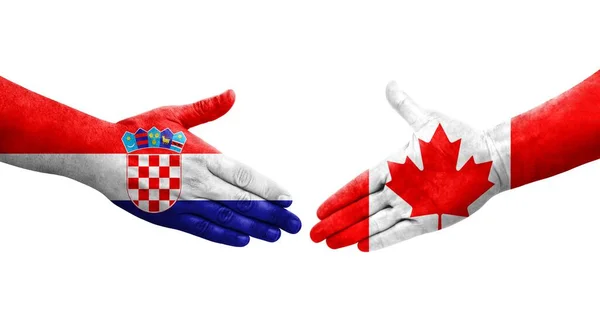 Handslag Mellan Kanada Och Kroatien Flaggor Målade Händer Isolerad Transparent — Stockfoto