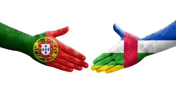 Uścisk Dłoni Między Republiką Środkowoafrykańską Portugalią Malowane Rękach Flagi Odizolowany — Zdjęcie stockowe