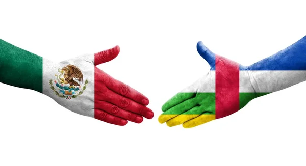 Händedruck Zwischen Der Zentralafrikanischen Republik Und Mexiko Flaggen Auf Hände — Stockfoto