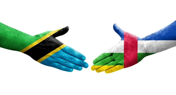 Strângere Mână Între Republica Centrafricană Tanzania Steaguri Pictate Mâini Imagine — Fotografie, imagine de stoc