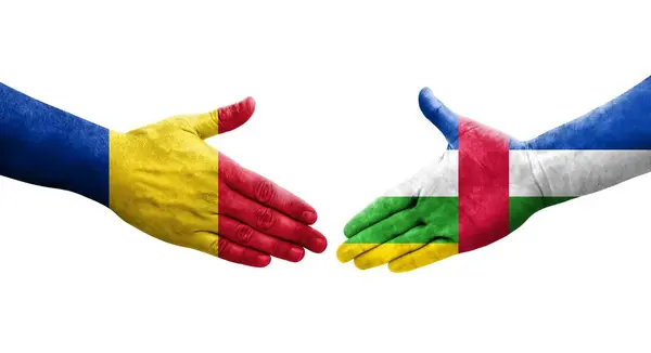 Aperto Mão Entre República Centro Africana Roménia Bandeiras Pintadas Mãos — Fotografia de Stock