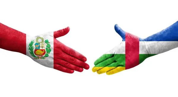 Рукостискання Між Центральноафриканською Республікою Перу Прапорами Намальовані Руках Ізольоване Прозоре — стокове фото