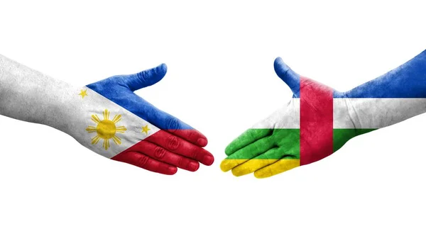 Potřesení Rukou Mezi Středoafrickou Republikou Filipínskými Vlajkami Namalovanými Rukou Izolovaný — Stock fotografie