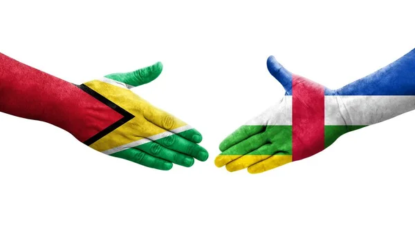 Poignée Main Entre Les Drapeaux Centrafricains Guyanais Peints Sur Les — Photo