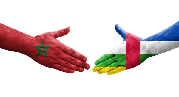 Mano Apretada Entre República Centroafricana Marruecos Banderas Pintadas Las Manos — Foto de Stock