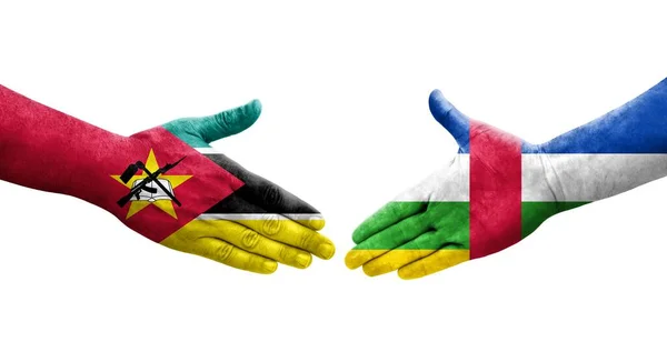 Stretta Mano Tra Repubblica Centrafricana Bandiere Mozambiche Dipinte Mani Immagine — Foto Stock